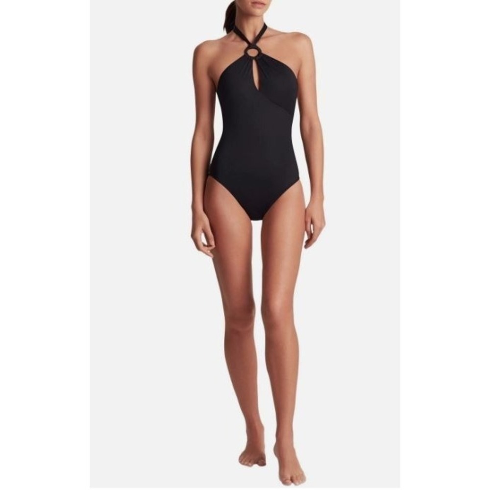 Lauren Ralph Lauren Macrame-Ring High-Neck One-Piece Swimsuit‎ in Black Size 14